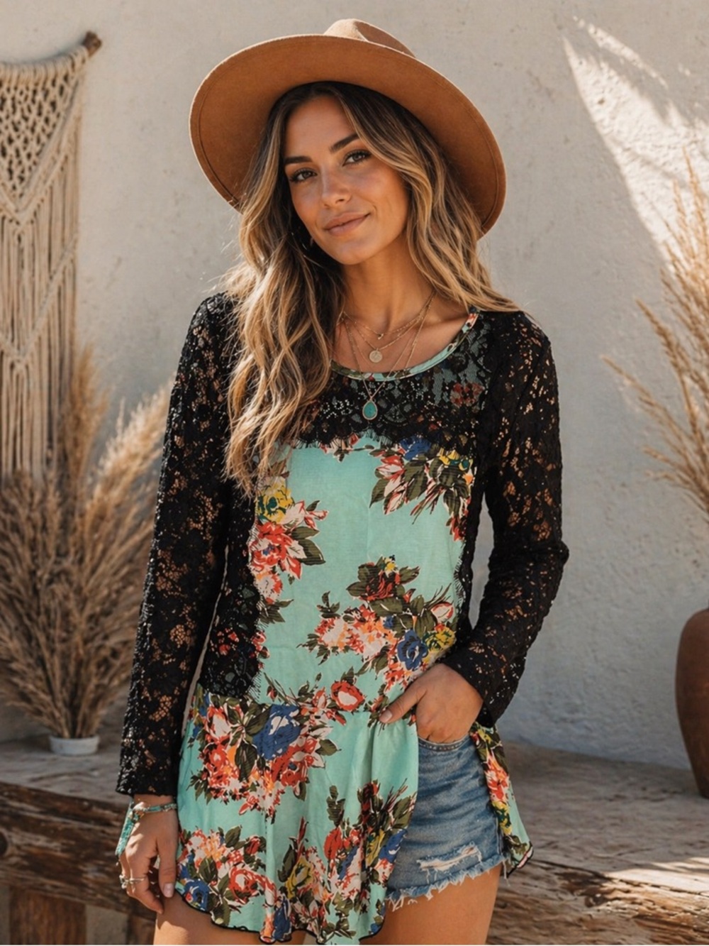 Gimmicks by BKE Boho Lace Floral Peplum Top ✨